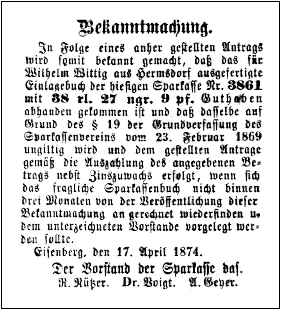 1874-04-17 Hdf Wittig Sparbuch weg